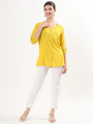 Zivaana Casual Solid, Embroidered Women Yellow Top