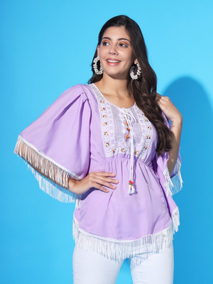 Pushbela Casual Embroidered Women Purple Top