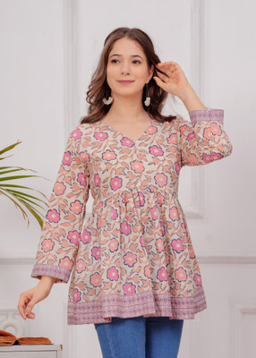 SAICHA Women Block Print Flared Kurta(Orange)
