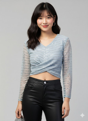 Avyola Party Embellished Women Light Blue Top