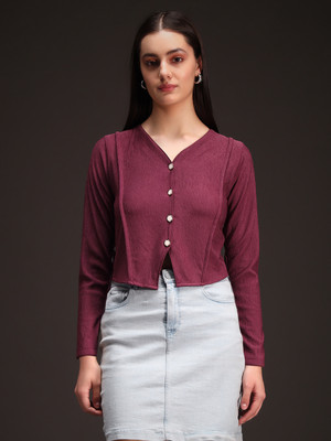 Emeros Casual Self Design, Solid Women Brown Top