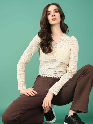 SHOWOFFFF Casual Self Design Women Beige Top