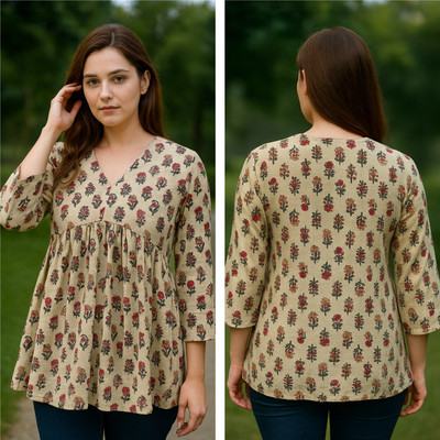 Subhla Art Casual Floral Print Women Beige Top