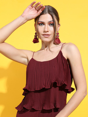 Tokyo Talkies Casual Solid Women Maroon Top