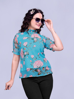 Moda Rapido Casual Floral Print Women Light Blue Top