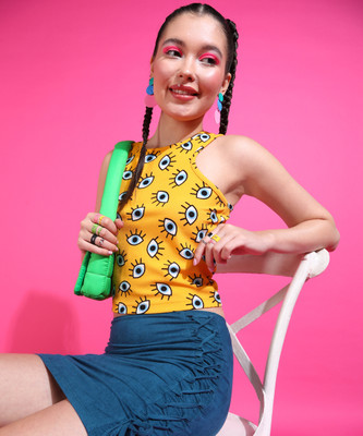 POPWINGS Casual Printed Women Black, Light Blue, Yellow Top