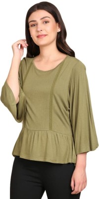 Hanushri Casual 3/4 Sleeve Solid Women Green Top