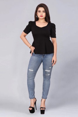 cartwise Casual Solid Women Black Top