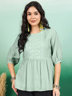 Sangria Casual Embroidered Women Green Top