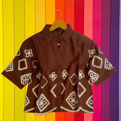 HIR COUTURE Casual Embroidered Women Brown Top
