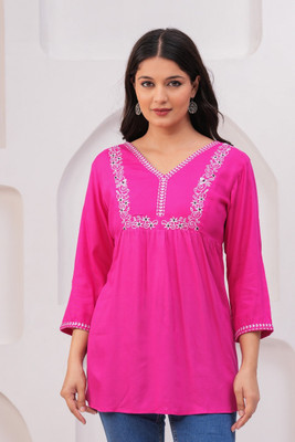 WEWOMA Casual Embroidered Women Pink Top