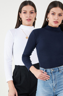 BITTERLIME Casual Solid Women Dark Blue, White Top