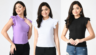 GLADLY Casual Self Design Women Purple, White, Black Top