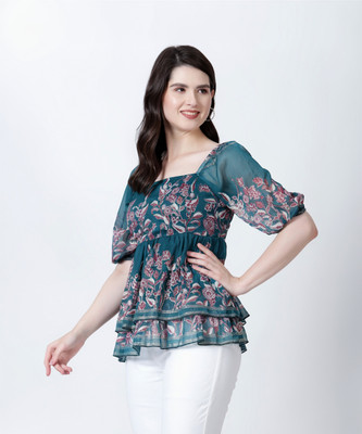 DRAPE AND DAZZLE Party Printed Women Green Top