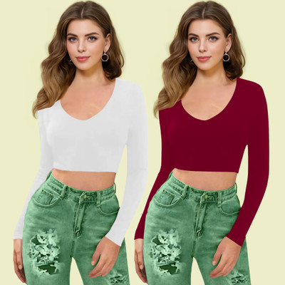 Dream Beauty Fashion Casual Solid Women Maroon, White Top