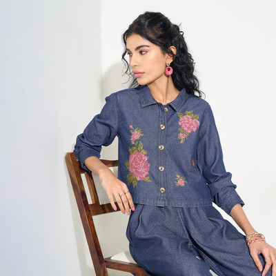 Akkriti by Pantaloons Casual Embroidered Women Blue Top