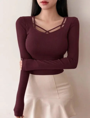 zsGARMENTS Casual Solid Women Brown Top