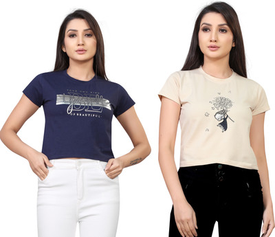 Tween Trends Casual Graphic Print Women Dark Blue, Beige Top