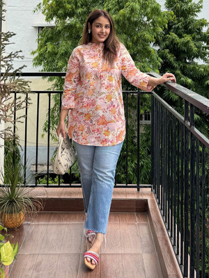 Janasya Casual Floral Print Women Pink Top