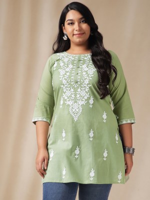 Janasya Casual Embroidered Women Green, White Top
