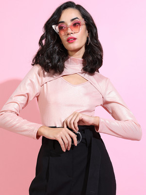 Tokyo Talkies Casual Solid Women Pink Top