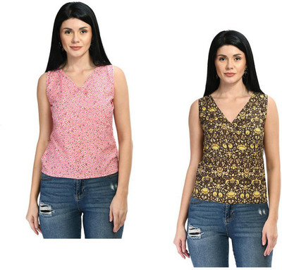 Indistar Casual Floral Print Women Pink, Yellow Top