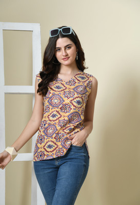 METRONAUT Casual Chevron/Zig Zag Women Beige Top