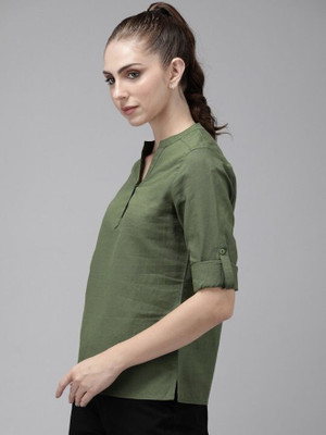 SHALIG Casual Solid Women Dark Green Top