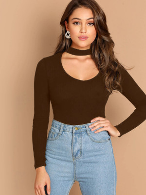 HouseOfCommon Casual Solid Women Brown Top