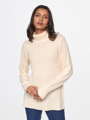 AND Self Design V Neck Casual Women White Sweater