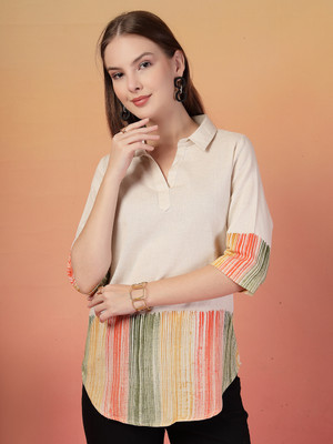 DEIFIC Casual Solid Women Beige Top