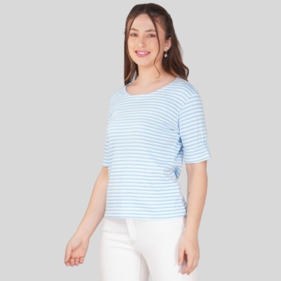 clovercrafty Casual Striped Women Light Blue Top