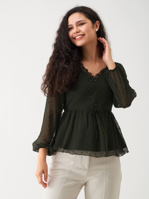 AASK Casual Self Design Women Dark Green Top