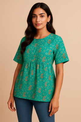 DesiMart Fashion Formal Ethnic Motifs, Geometric Print Women Green Top
