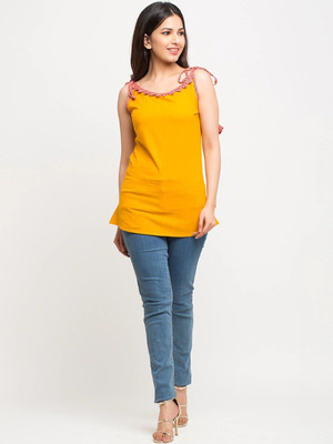 Yash Gallery Casual Noodle Strap Solid Women Yellow Top