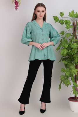 N C DESIGN Casual Self Design Women Green Top