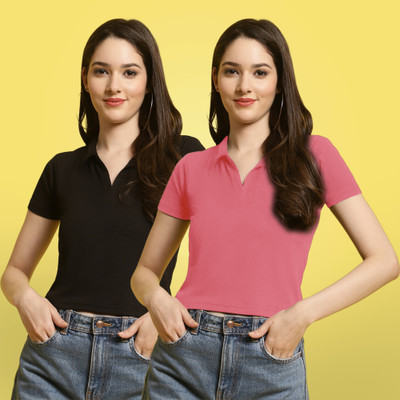 Fabflee Casual Solid Women Black, Pink Top