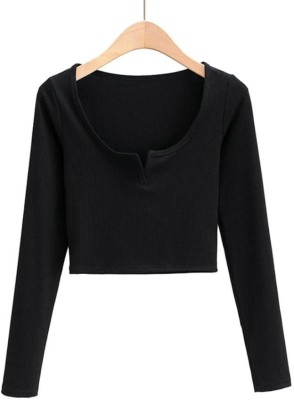 VABRU Casual Solid Women Black Top