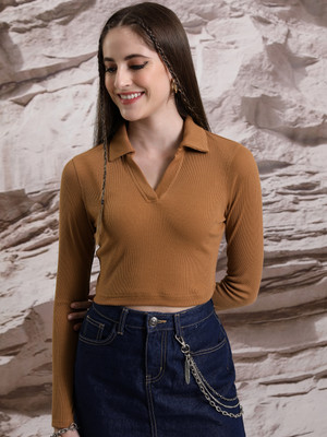 Tokyo Talkies Casual Solid Women Brown Top