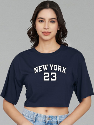 Trend Level Typography Women Round Neck Navy Blue T-Shirt