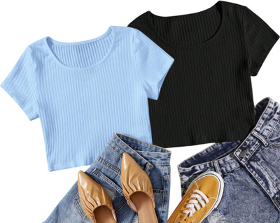 WEARUX Formal Self Design Women Black, Blue Top