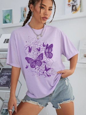 Absolute Defense Casual Graphic Print Women Purple Top