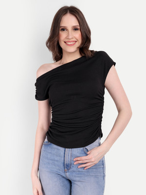 DRAPE AND DAZZLE Casual Solid Women Black Top
