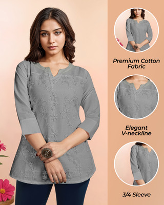 Ejish Casual Embroidered Women Grey Top