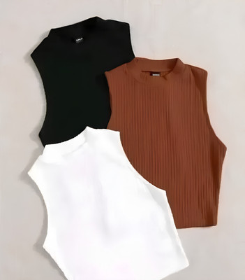 bhavya gmt Casual Solid Women Black, White, Brown Top
