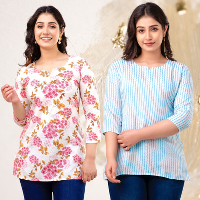 VROEGER Casual Printed, Self Design Women Pink, Blue Top