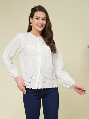 J TURRITOPSIS Casual Embroidered Women White Top