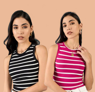 FAST CRY Casual Striped Women Pink, Black Top
