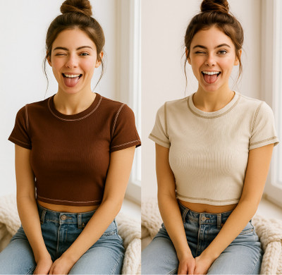 Crezystyl Casual Self Design Women Brown, Beige Top