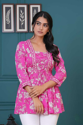 PS FASHION Casual Floral Print Women Pink Top